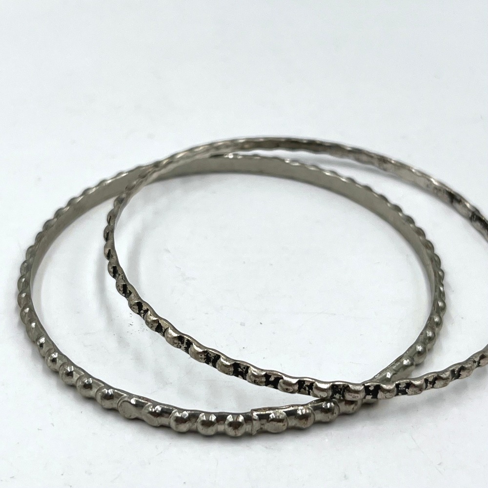 Vintage Silver-Tone Beaded Bubble Bangle Bracelets Set 2 Textured Stackable Boho